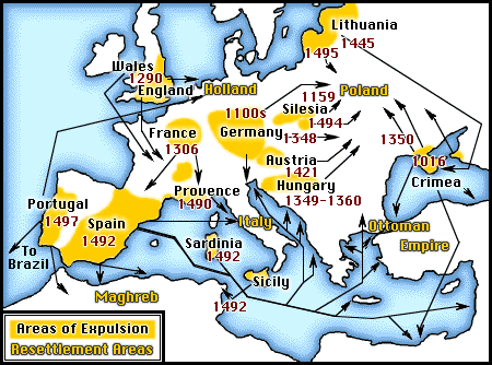 Map of Jewish expulsions and resettlement areas in Europe